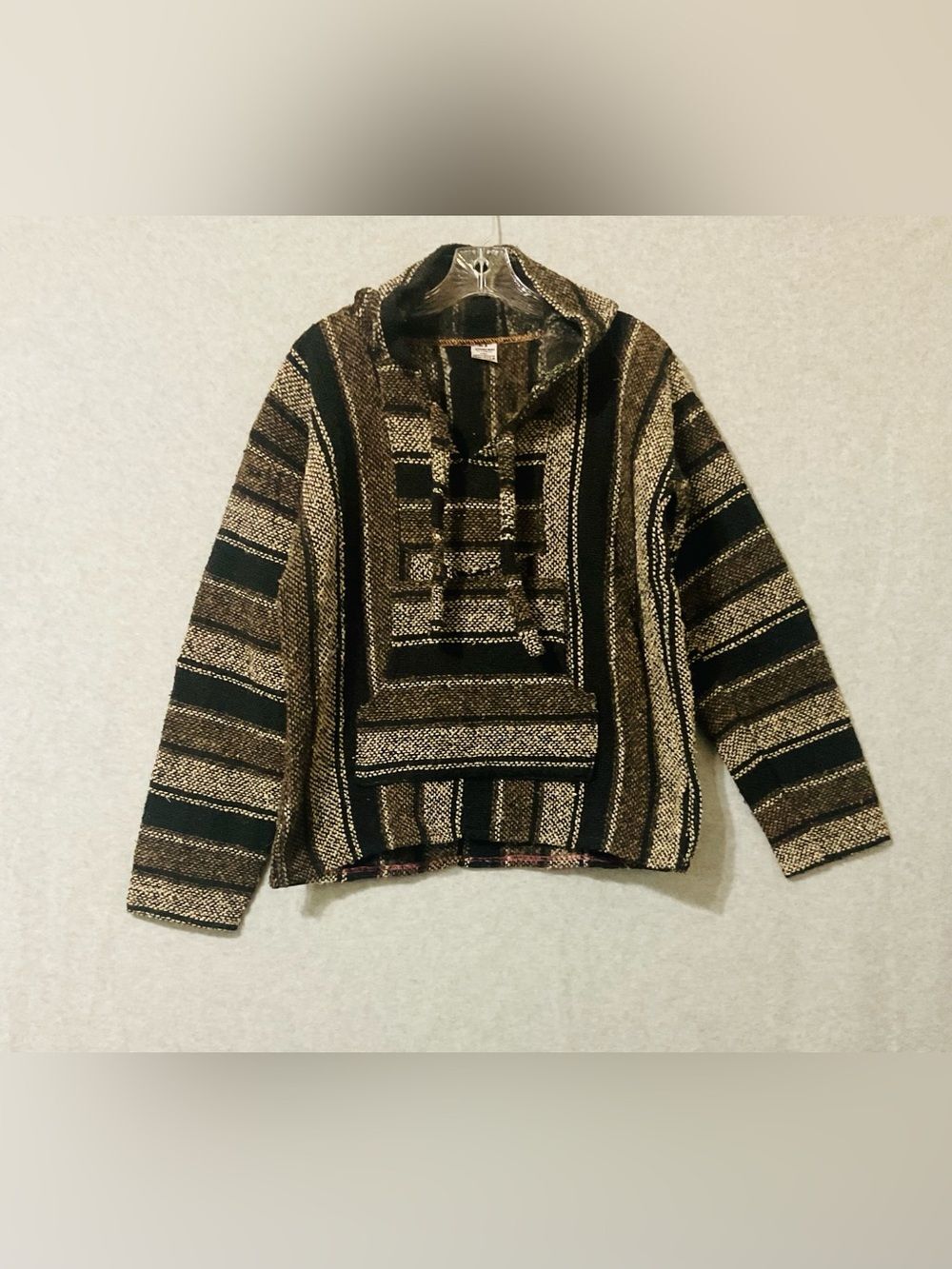 Artesanias Mickey Striped Baja Woman Hoodie Sweater in Black & Brown Sz  S